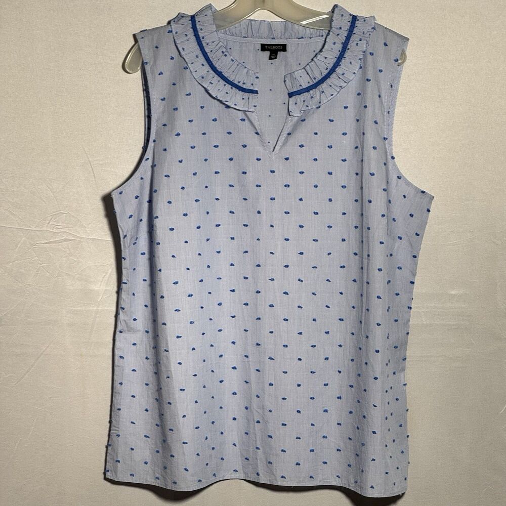 Talbots 100% Cotton Blue White Striped Sleeveless Ruffle Neck Blouse XL